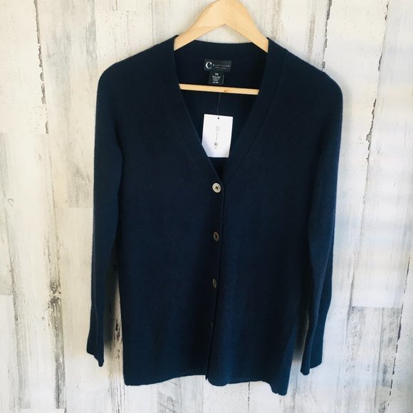 NWT C by Bloomingdale's 100% Cashmere Grandfather Cardigan Sweater Navy Grandpa - Picture 1 of 9